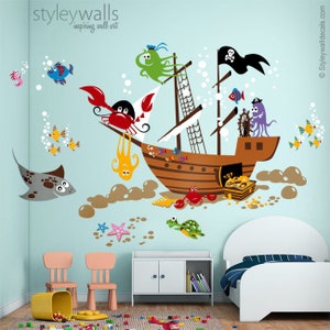 Underwater Wall Decal, Ocean Wall Decal, Pirate Ship Wall Decal, Pirate Fishes Wall Decal, Playroom Wall Decals, Nursery Baby Room Decor