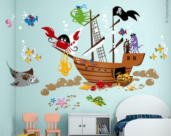 Underwater Wall Decal, Ocean Wall Decal, Pirate Ship Wall Decal, Pirate Fishes Wall Decal, Playroom Wall Decals, Nursery Baby Room Decor