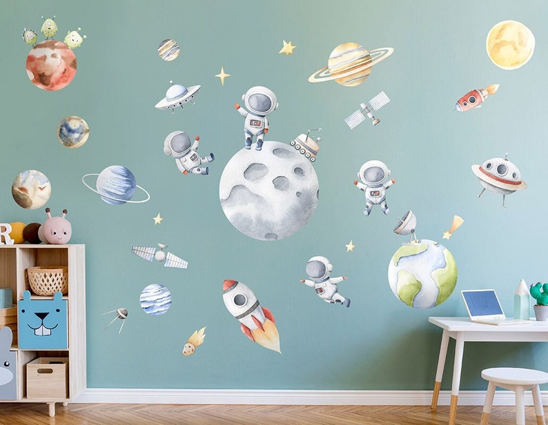 Space Wall Decal, Planets Wall Decal, Watercolor Outer Space Wall Sticker, Solar System Earth Moon Decal, Rocket Spaceship Kids Room Decal image 1