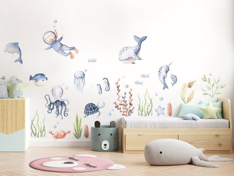 Under the Sea Wall Decal, Fishes Wall Decal, Watercolor Underwater Sticker, Sea Life Sea Creatures Wall Decal, Aquarium Nursery Sticker image 2