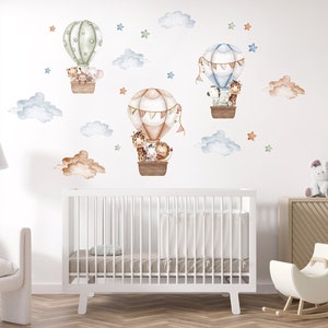 Watercolor Air Balloons and Animals Wall Decal, Hot Air Balloons Jungle ...