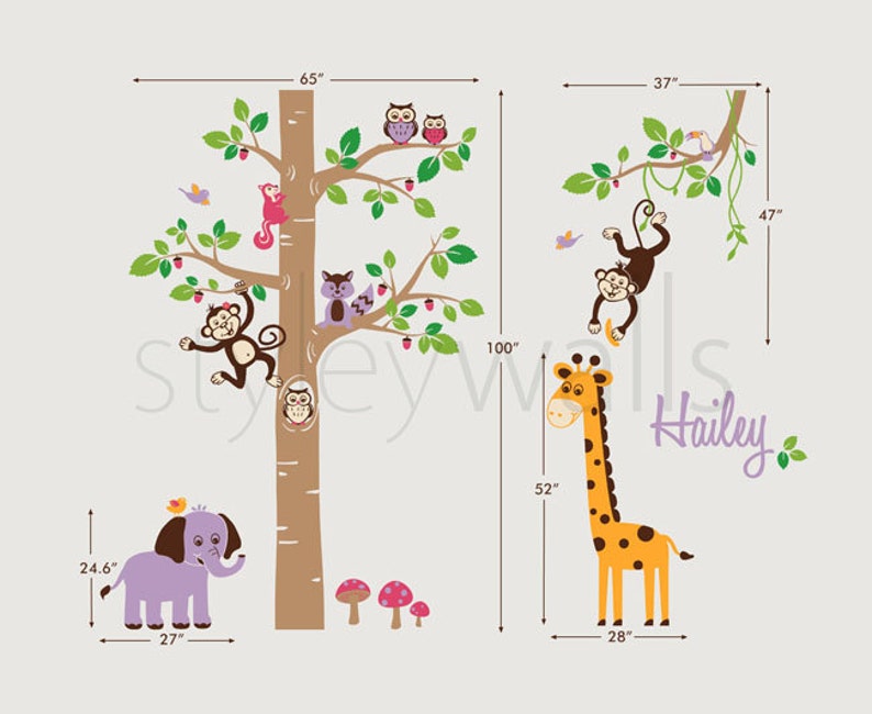 Jungle Animals Wall Decal, Safari Animals Wall Decal, Tree Wall Decal, Personalized Nursery Baby Room Kids Playroom Wall Sticker image 2