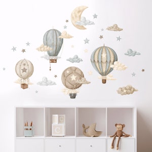 Hot Air Balloons Wall Decal, Watercolor Air Balloons Sticker for Nursery, Vintage Air Balloons Decal, Moon and Stars Peel and Stick Stickers image 2