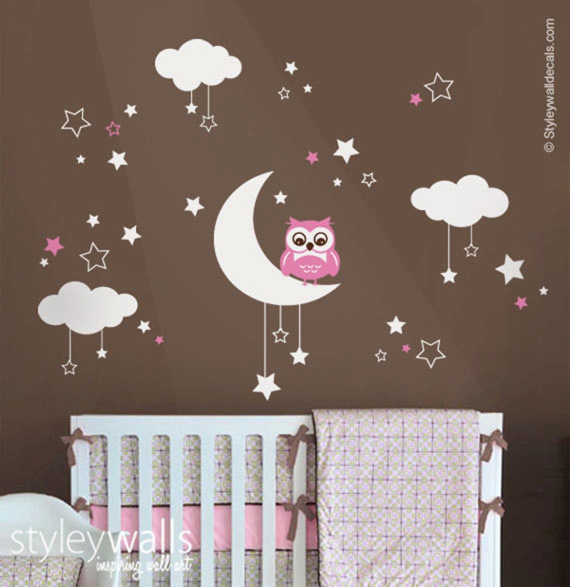 Owl Wall Decal Owl Moon Stars and Clouds Wall Decal Moon and Etsy