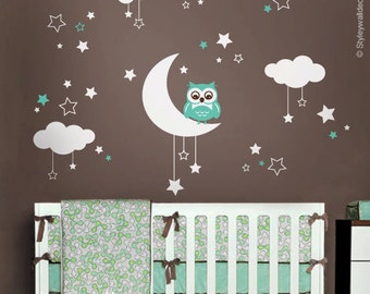 Owl Wall Decal, Owl Moon Stars and Clouds  Wall Decal, Moon and Stars Wall Decal, Owl Nursery Kids Wall Sticker, Clouds Night Wall Decal