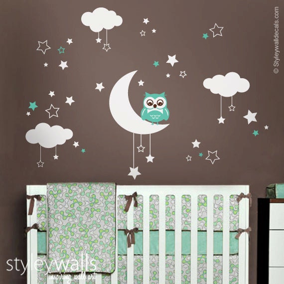 owl wall decal owl moon stars and clouds wall decal moon | etsy