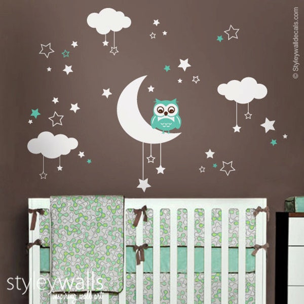 Owl Wall Decal, Owl Moon Stars and Clouds  Wall Decal, Moon and Stars Wall Decal, Owl Nursery Kids Wall Sticker, Clouds Night Wall Decal