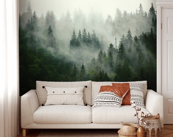 Foggy Forest Wallpaper, Trees Mural, Forest Pine Trees Reposition able Removable Fabric Wallpaper, Home Decor, Peel and Stick, Self Adhesive