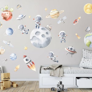 Space Wall Decal, Planets Wall Decal, Watercolor Outer Space Wall Sticker, Solar System Earth Moon Decal, Rocket Spaceship Kids Room Decal image 2