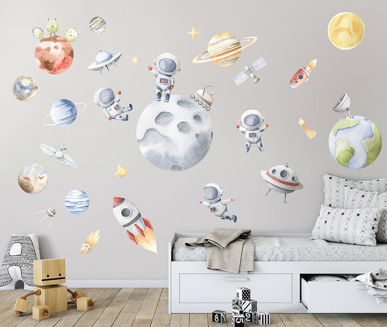 Space Wall Decal, Planets Wall Decal, Watercolor Outer Space Wall Sticker, Solar System Earth Moon Decal, Rocket Spaceship Kids Room Decal image 2