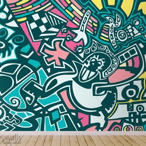 May include: Abstract wall mural with a colourful geometric design featuring teal, pink, yellow, white, and black. The design is made up of various shapes and patterns, including circles, squares, and lines.