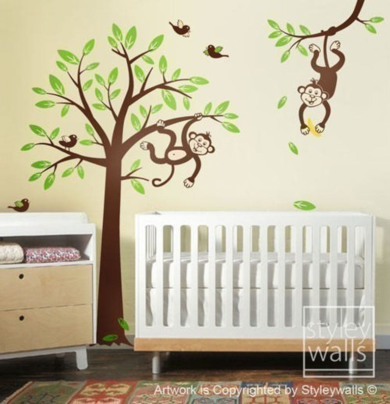 monkey tree wall decal 2 monkeys swinging from branch and | etsy