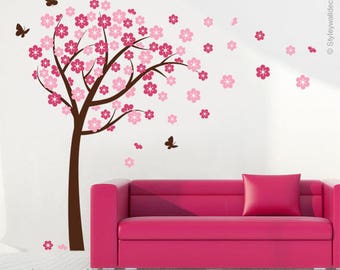 Cherry Blossom Wall decal,  Blooming Cherry Tree Wall Sticker, Butterflies Flower Tree Vinyl Wall Decal Kids Nursery, Cherry Tree Sticker