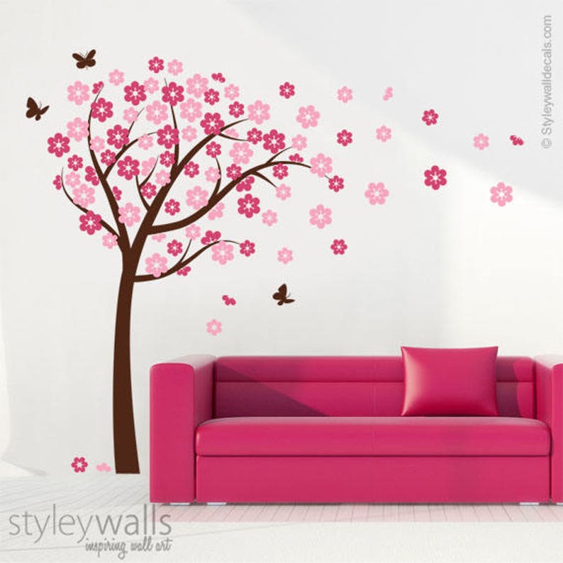 Cherry Blossom Wall decal, Blooming Cherry Tree Wall Sticker, Butterflies Flower Tree Vinyl Wall Decal Kids Nursery, Cherry Tree Sticker image 1