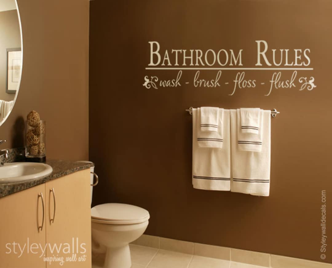 Bathroom Rules Wall Decal, Bathroom Vinyl Lettering Wash Brush Flush