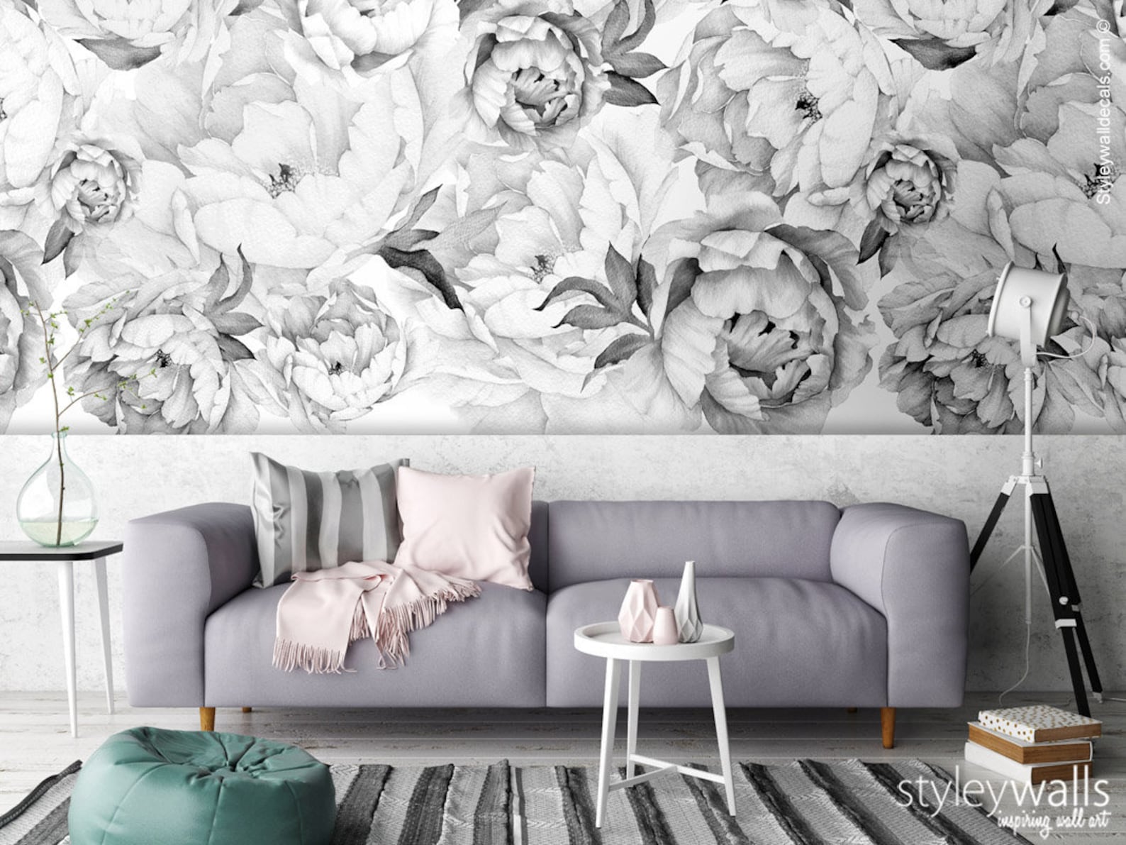Peony Wallpaper, Peony Wall Mural, Peonies Floral Wallpaper, Black and ...