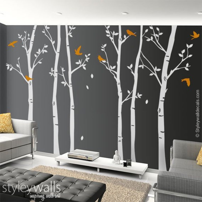 Tree wall decals Winter trees decal Birds nature Forest Trees with Birds Home Decor Set of 6 Vinyl Wall Decal Nursery Baby children Sticker image 1