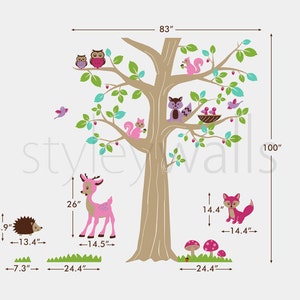 Woodland Animals and Tree Wall Decal, Forest Animals Tree Wall Decal, Deer Bambi Owls Hedgehog Squirrels Fox Wall Decal Nursery Baby Room image 2