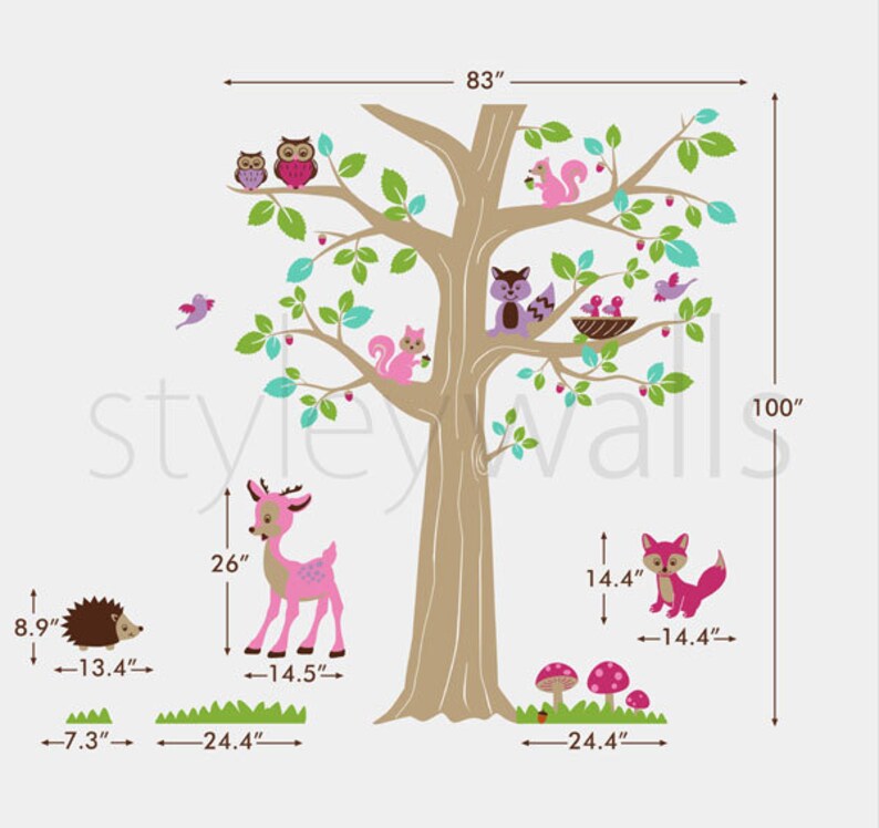 Woodland Animals and Tree Wall Decal, Forest Animals Tree Wall Decal, Deer Bambi Owls Hedgehog Squirrels Fox Wall Decal Nursery Baby Room image 2