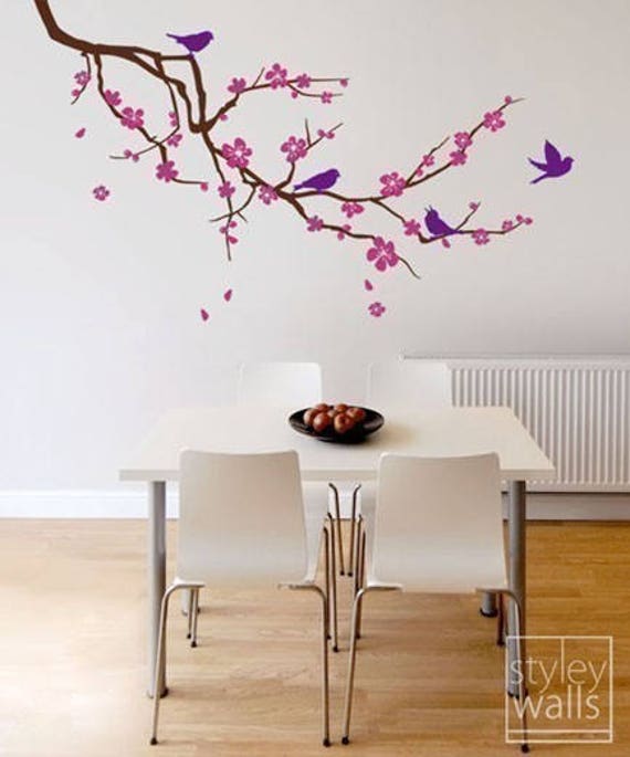 Stickers Muraux Fleurs de Cerisier Rose Autocollant Mural Vigne Fleur  Branche Oiseaux Décoration Murale Chambre Salon Fenetre
