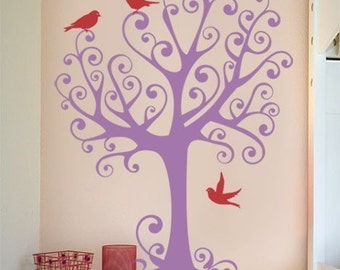 Ornamental Tree with Birds Vinyl Wall Decal, Medium size, Tree Wall Decal, Ornament Tree Wall Decal with Birds, Nursery Tree Wall Sticker