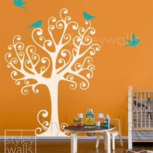 Tree with Birds Wall Decal, Tree with Birds Wall Sticker, Ornamental Tree and Birds for Nursery Kids Room, Nursery Tree Wall Decal image 1