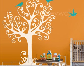 Tree with Birds Wall Decal, Tree with Birds Wall Sticker, Ornamental Tree and Birds for Nursery Kids Room, Nursery Tree Wall Decal