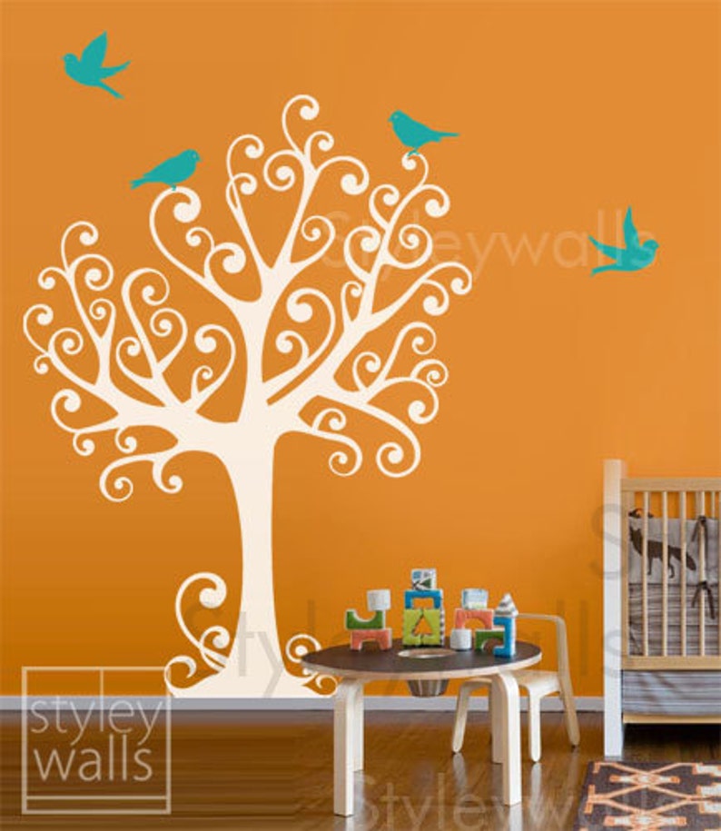 Tree with Birds Wall Decal, Tree with Birds Wall Sticker, Ornamental Tree and Birds for Nursery Kids Room, Nursery Tree Wall Decal image 1