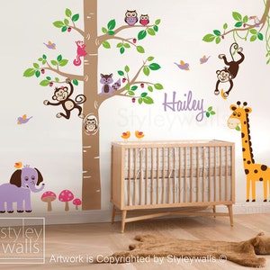 Jungle Animals Wall Decal, Safari Animals Wall Decal, Tree Wall Decal, Personalized Nursery Baby Room Kids Playroom Wall Sticker image 1