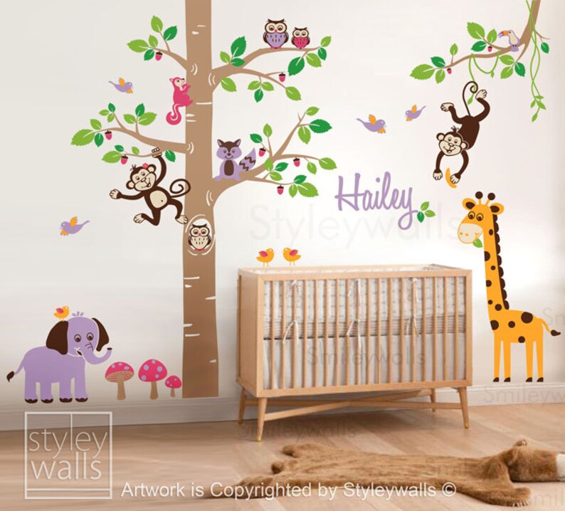 Jungle Animals Wall Decal, Safari Animals Wall Decal, Tree Wall Decal, Personalized Nursery Baby Room Kids Playroom Wall Sticker image 1