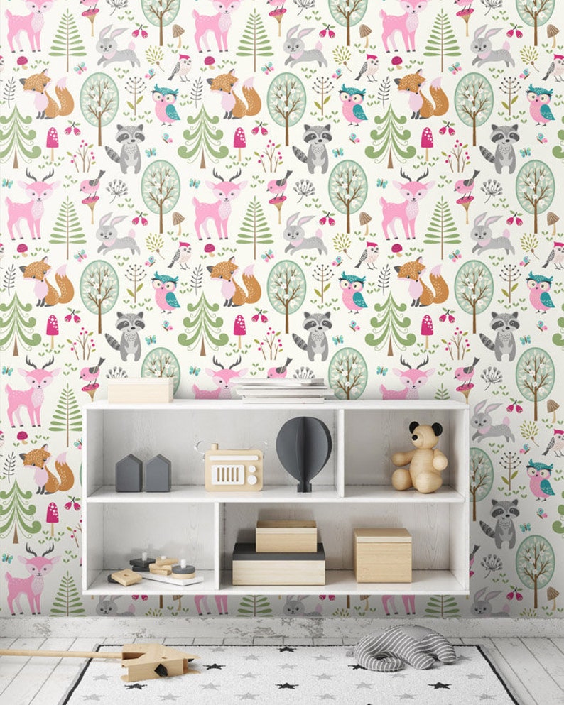 Woodland Animals Wallpaper Pink Forest Animals Repositionable Etsy