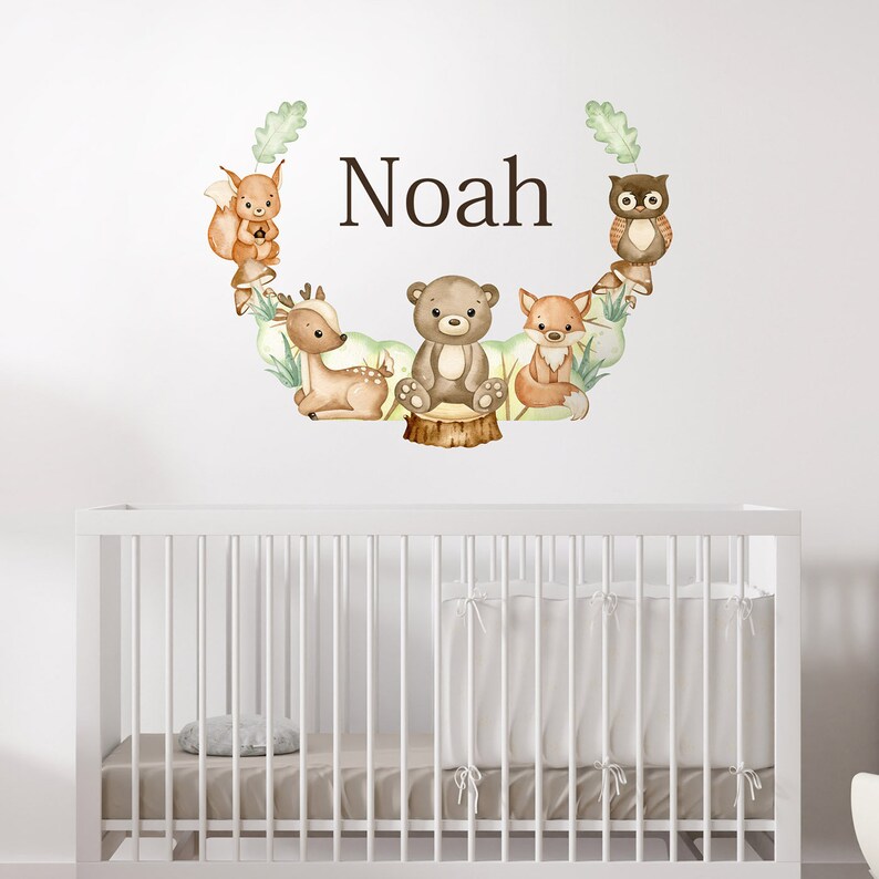 Woodland Animals Wreath Wall Decal, Custom Name Decal, Forest Animals Wall Sticker, Forest Nursery Wall Decor, Frame Wall Decal image 2