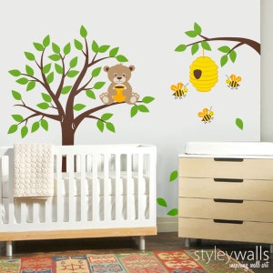Tree Wall Decal  Honey Bear and Bees Wall Decal Bear Wall Decal Nursery Kids Wall Decal Bees Wall Decal Bee Hive Bees Wall Decor Sticker