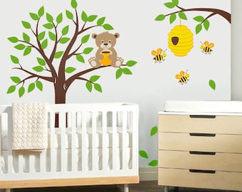 Tree Wall Decal  Honey Bear and Bees Wall Decal Bear Wall Decal Nursery Kids Wall Decal Bees Wall Decal Bee Hive Bees Wall Decor Sticker