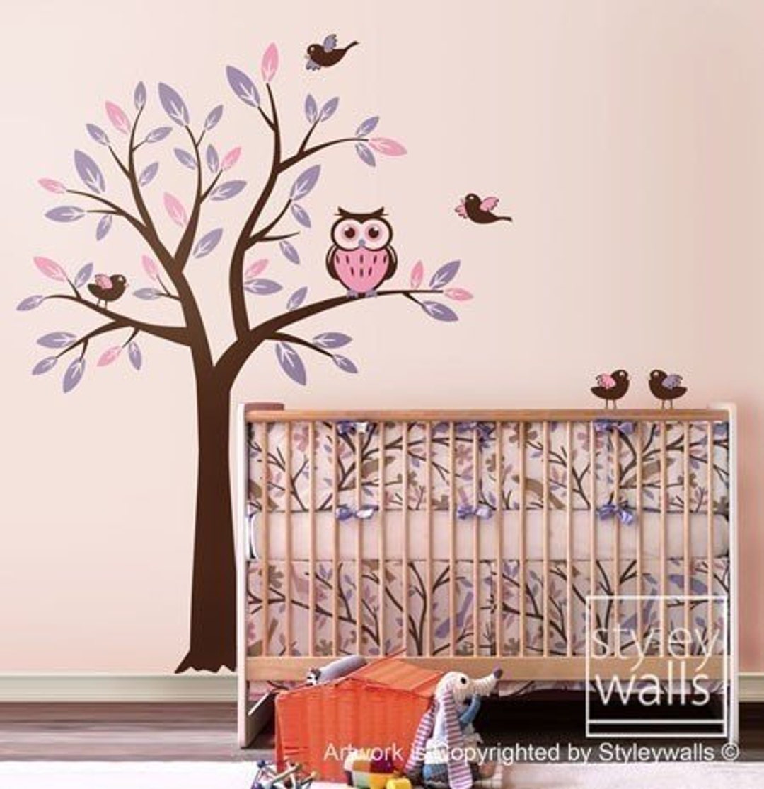 Owl Tree Decal Wall Decal for Nursery Decor, Tree With Owl and Birds ...