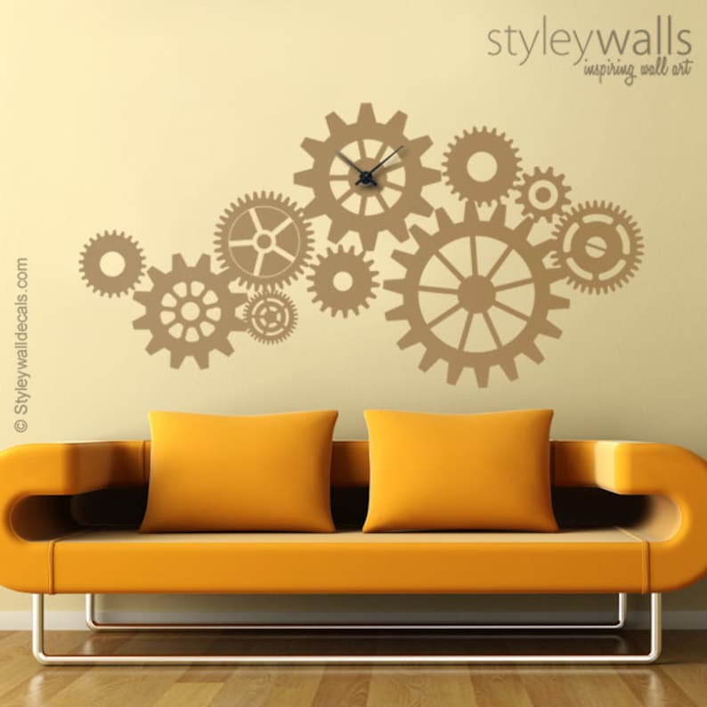 Clock Wall Decal Clock Wall Sticker Cogwheels Wall Decal Etsy