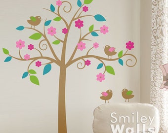 Birds Tree Wall Decal Whimsical Flower Tree with Love Birds Wall Decal Nursery Wall Decal Children Wall Decal Baby Room Tree Sticker