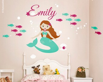 Mermaid Wall Decal, Mermaid Nursery Stickers, Underwater Wall Decal, Ocean Wall Decal, Fishes Wall Decal, Nursery Playroom Wall Decals