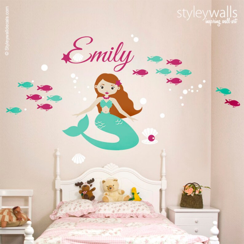 Mermaid Wall Decal Nursery Stickers Underwater Ocean Fishes Playroom Decals