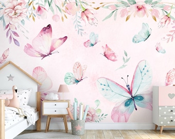 Watercolor Butterflies and Flowers Wallpaper,  Garden Flowers and Butterflies Mural, Butterflies Fabric Mural for Kids Decor, Peel and Stick