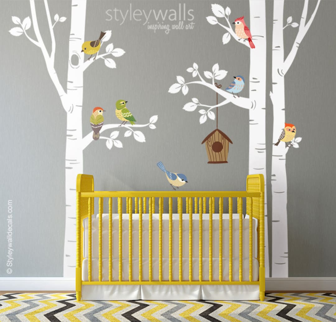 Birch Trees and Birds Wall Decal, Forest Trees Birds Wall Decal, Trees ...