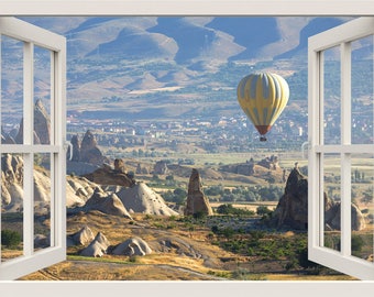 3d Window Wall Decal, Hot Air Balloons Wall Decal, Window View Wall Mural, Nature Window Frame, Living Room Bedroom Room Home Wall Decor