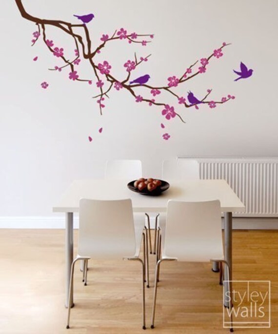 Décalcomanie murale branche de fleurs de cerisier et oiseaux, très grande  branche avec fleurs, sticker mural en vinyle pour chambre d'enfants,  décoration de chambre d'enfants -  France