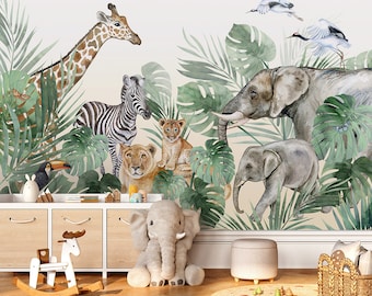 Watercolor Safari Wallpaper for Children, Safari Animals Mural for Kids Room, Jungle Animals Mural, Peel and Stick Wallpaper, Fabric Mural