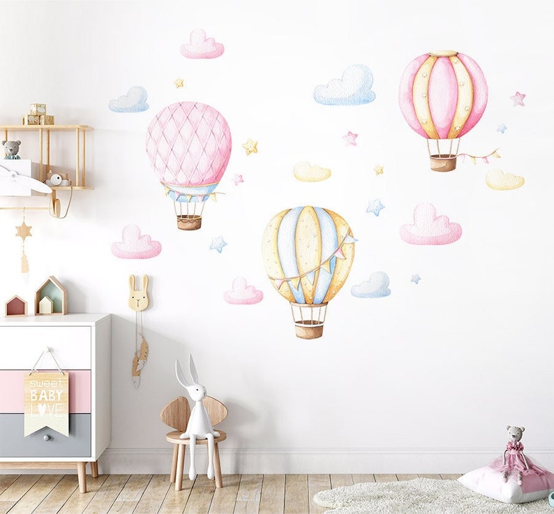 Pink Air Balloons Wall Decal, Hot Air Balloons Clouds Wall Decal ...