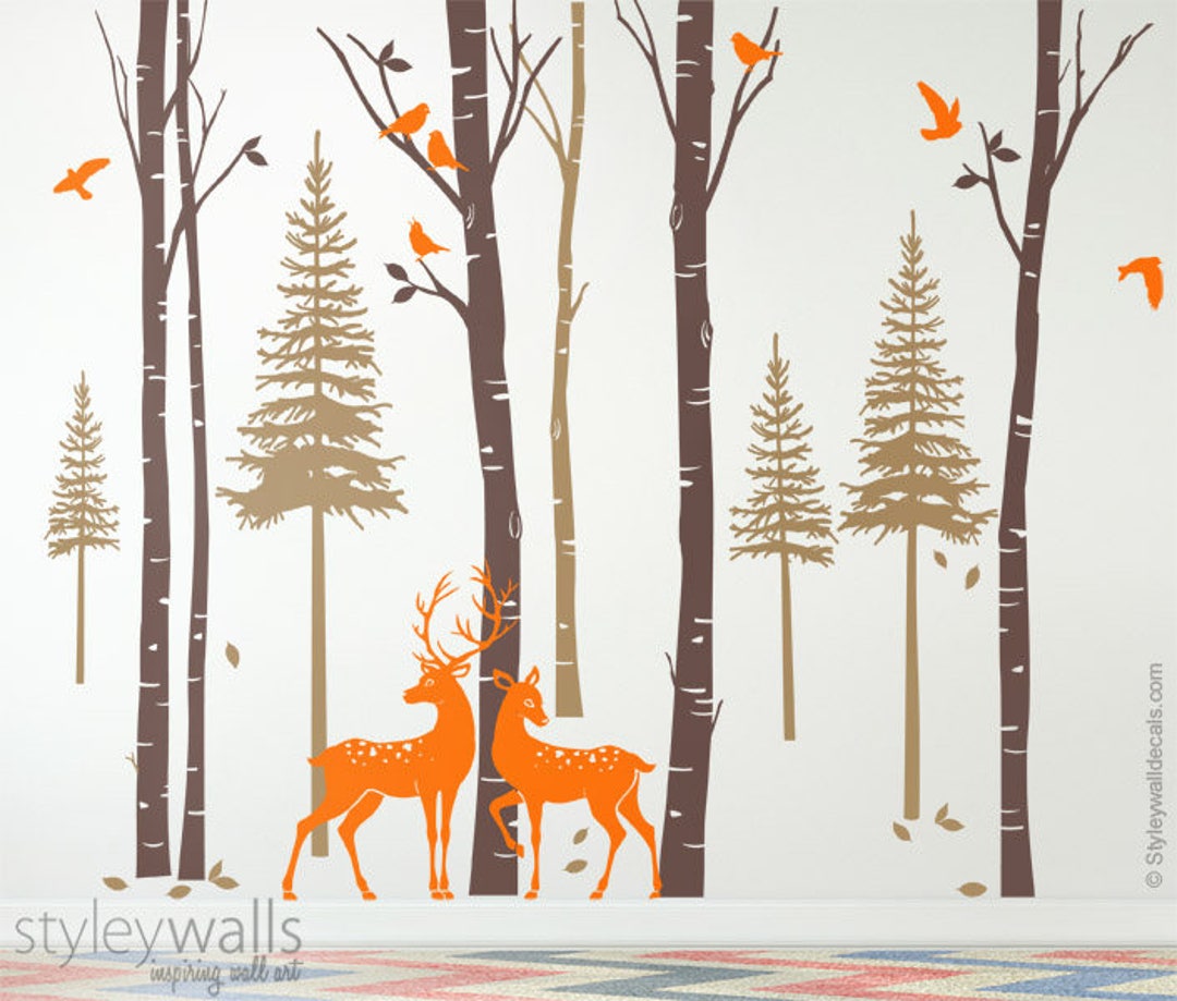 Forest Trees Wall Decal, Birch Trees With Deers and Birds Wall Decal ...
