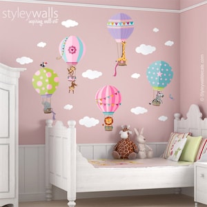 Air Balloons Wall Decal, Jungle Animals Wall Decal Sticker, Hot Air Balloons WallDecal Decor, Air Balloons Girls Nursery Room Decor Wall Art image 2