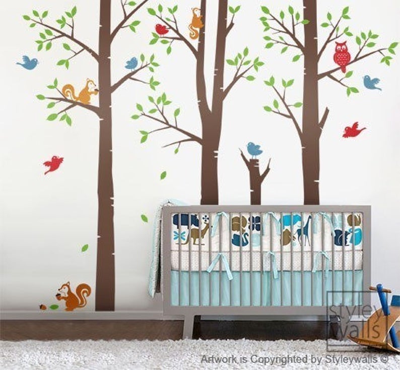 Forest Friends Tree Wall Decal, Forest Animals Tree with Birds Squirrels Owl Wall Decal, Nursery Baby Kids Vinyl Wall Decal Children Sticker image 1