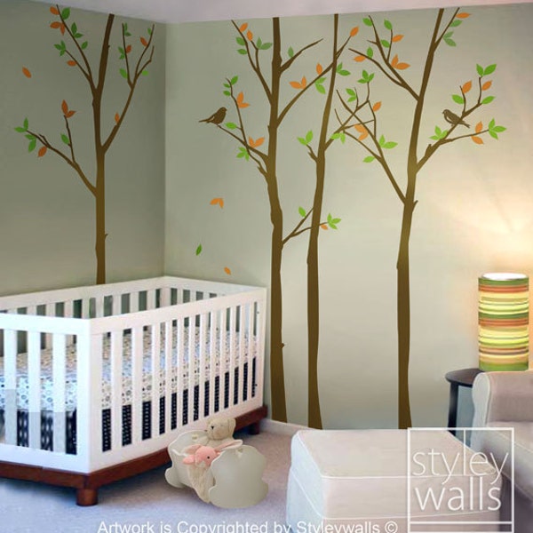 Tree Wall decal, Forest Trees Wall Decal with Birds, Winter Trees Decal  Nursery Home Decor, Birch Trees Wall Decal Baby Kids Room Decor