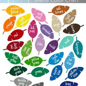 May include: Color chart with 28 different colors, each represented by a stylized feather shape. The colors include golden yellow, orange, red, hot pink, soft pink, lavender, lilac, violet, lime green, yellow green, green, dark green, light green, dark grey, middle grey, black, white, nut brown, beige, light brown, brown, mint, turquoise, ice blue, light blue, azure blue, and gentian blue.